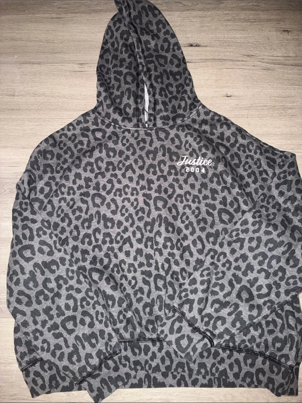 Justice Gray and Black Leopard Print Fleece Hoodie